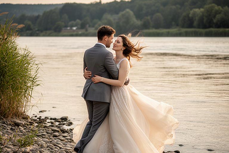 Braut und Bräutigam bei einer entspannten After-Wedding-Session am Ufer des Rheins