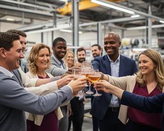 Team eines Unternehmens stösst bei einem Jubiläumsanlass in einer modernen Werkhalle an