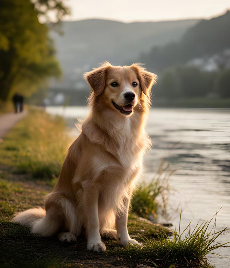 Aufmerksamer Hund sitzt bei goldenem Licht am Rheinufer bei Schaffhausen