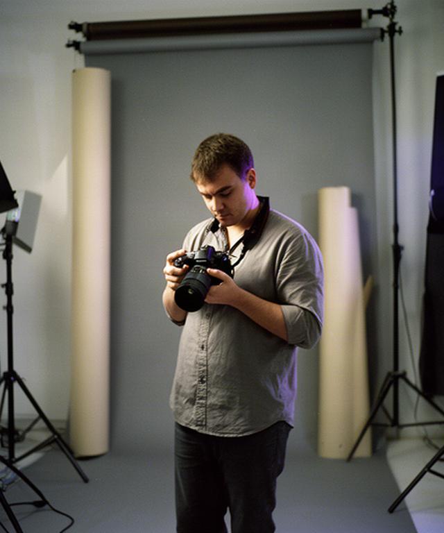 Fotograf mit Kamera im Studio zwischen Lichtstativen und grossen Papierhintergründen