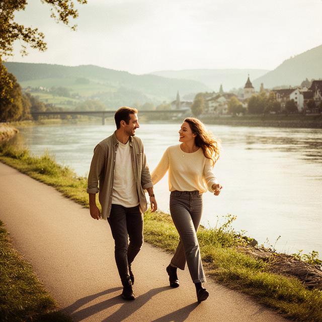 Paar bei einem Spaziergang am Rhein in Schaffhausen