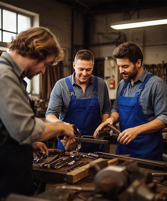 Dreiköpfiges Team in einer Werkstatt mit authentischer Arbeitsumgebung