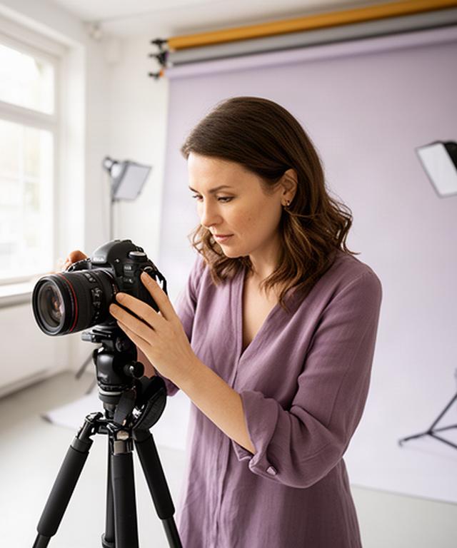 Fotografin richtet eine Kamera in einem hellen Fotostudio in Schaffhausen ein