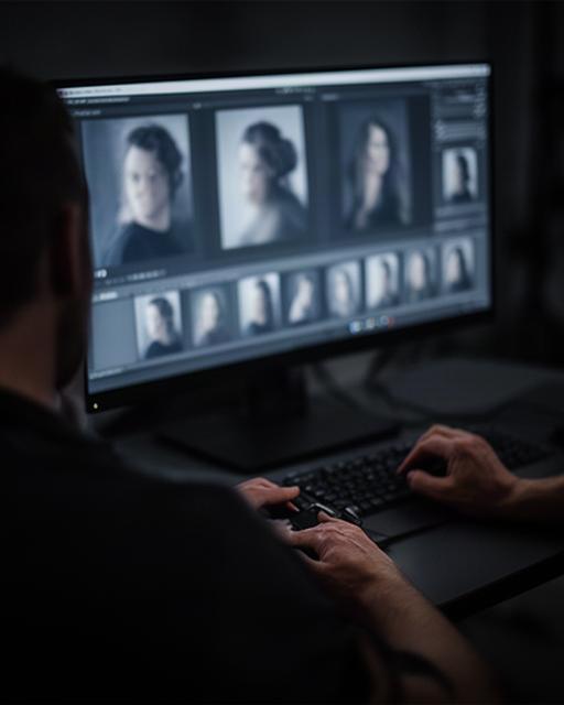 Fotografische Bildauswahl auf einem grossen Bildschirm im abgedunkelten Studio