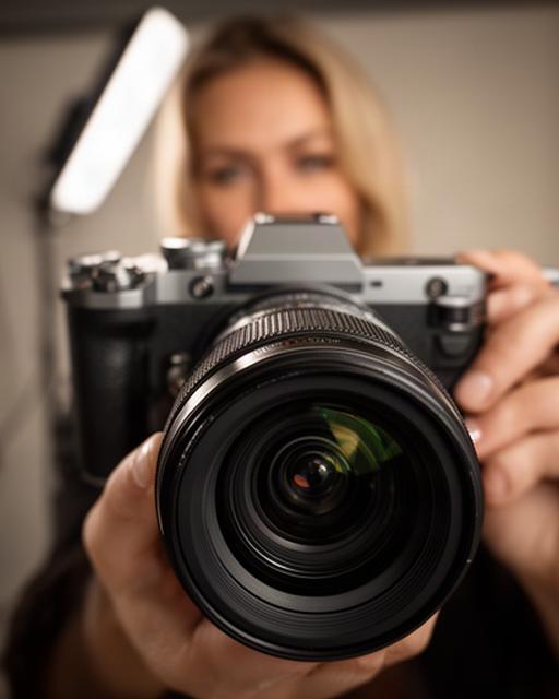 Nahaufnahme einer Kamera mit Objektiv während eines Studio-Portraits
