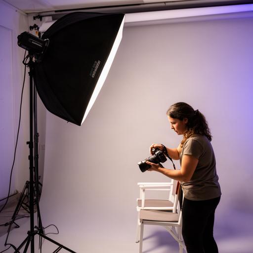 Fotografin richtet eine grosse Softbox neben einer Portrait-Szene ein