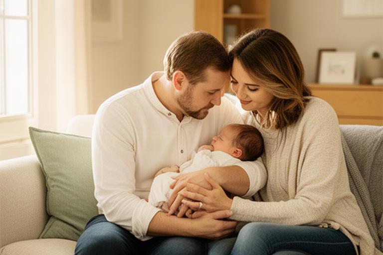 Eltern mit ihrem Baby beim Home-Shooting im natürlichen Licht des heimischen Wohnzimmers