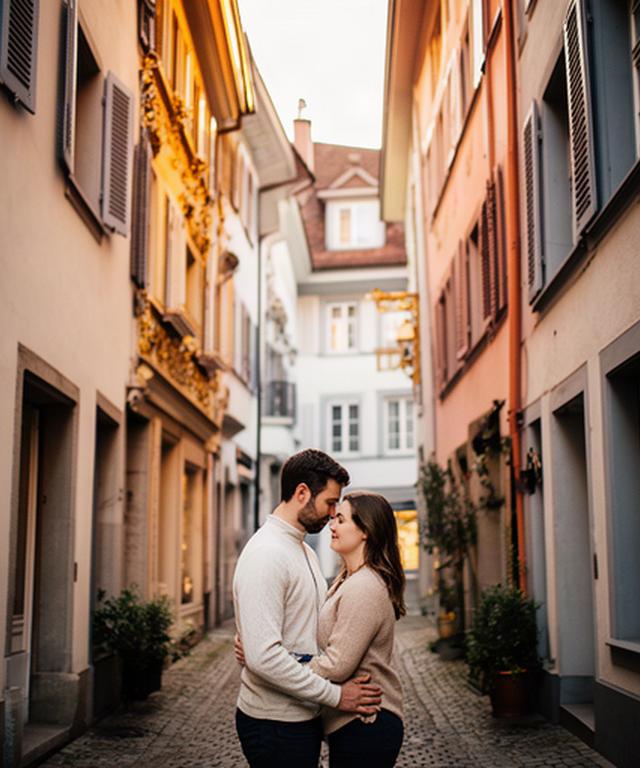 Verlobtes Paar in einer schmalen Altstadtgasse mit historischen Fassaden
