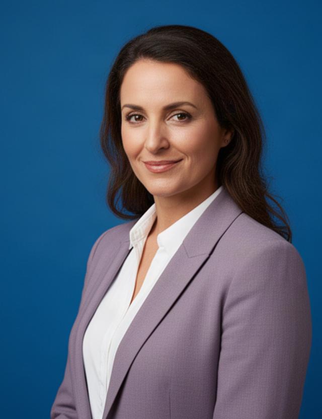 Businessporträt einer Frau in einem klaren Atelier mit blauem Hintergrund