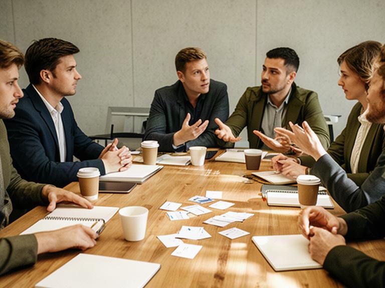 Team bei einer konzentrierten Besprechung an einem Holztisch im Workshop-Raum