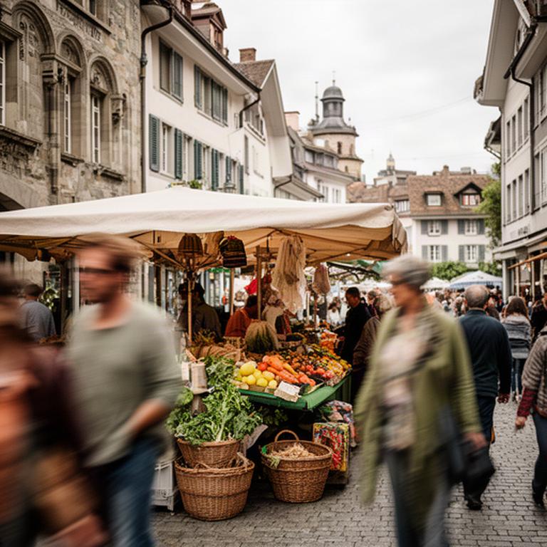 Lebendiger Marktstand mit Besucherinnen und Besuchern in einer Schaffhauser Gasse