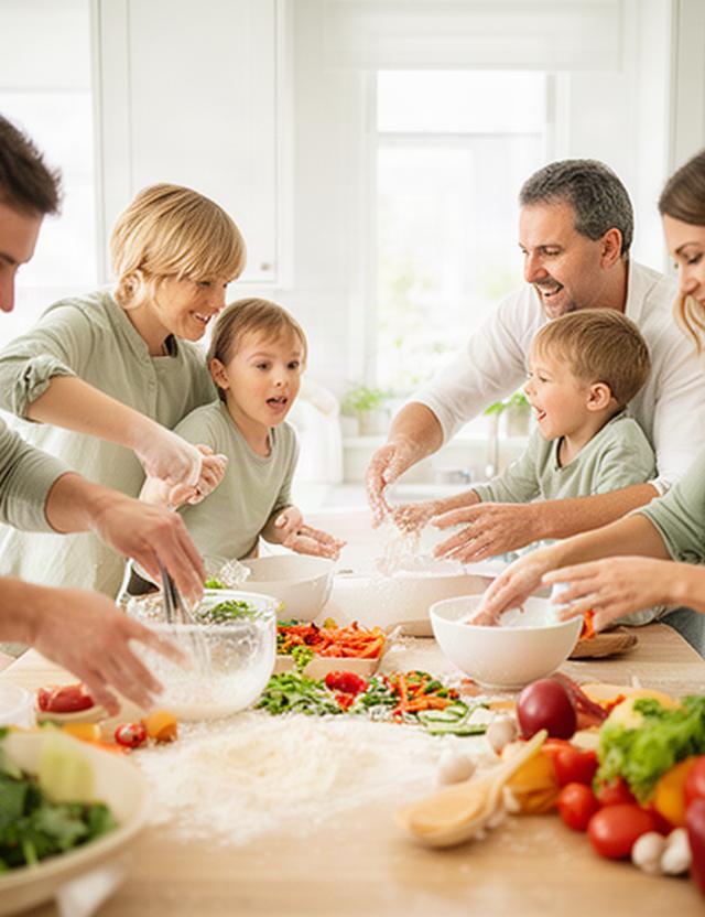 Familie beim gemeinsamen Kochen in einer hellen Küche mit viel Bewegung