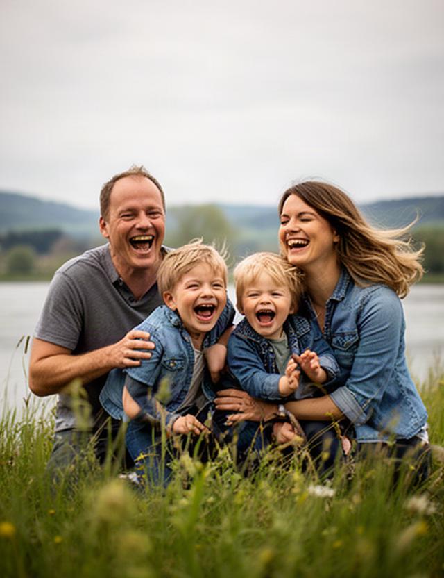 Familie beim Lachen auf einer Wiese am Rhein an einem bewölkten Nachmittag