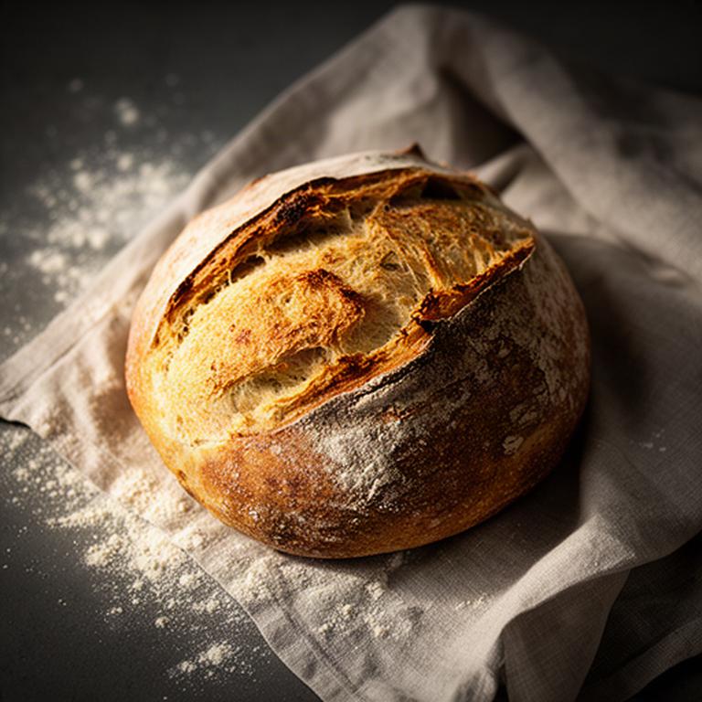 Frisches Sauerteigbrot auf Leinentuch mit Mehl und warmem Seitenlicht
