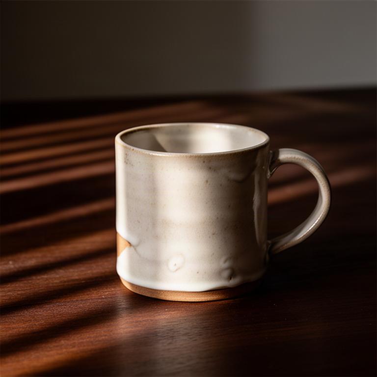Handgefertigte Keramiktasse auf einem dunklen Holztisch mit weichem Streiflicht
