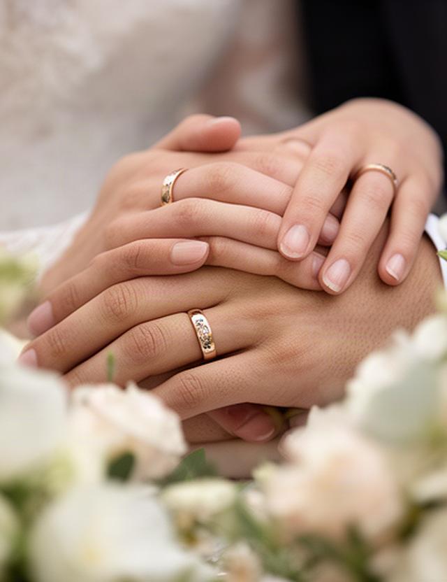 Hände eines Hochzeitspaares mit Ringen und feinen Blumen im Vordergrund