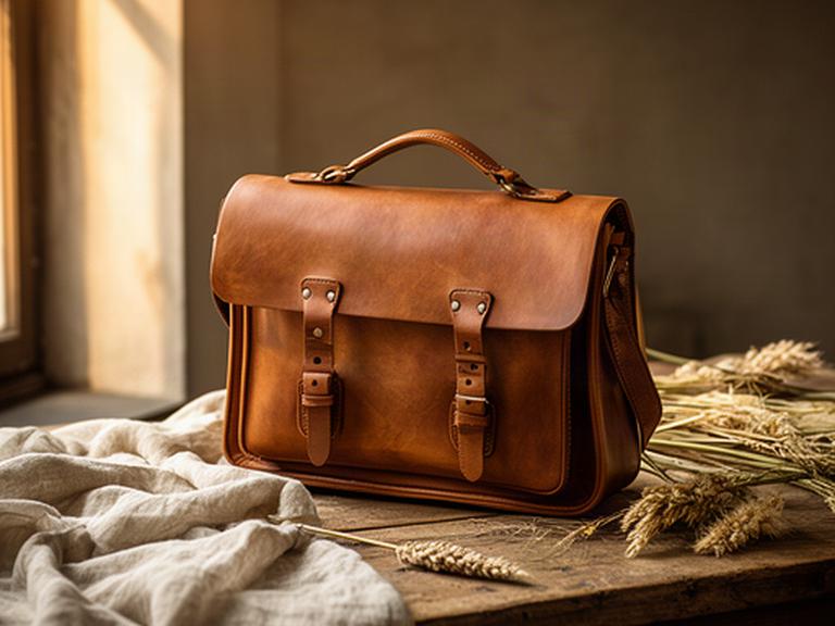 Handgemachte Ledertasche auf einem Holztisch neben Leinenstoff und getrockneten Gräsern