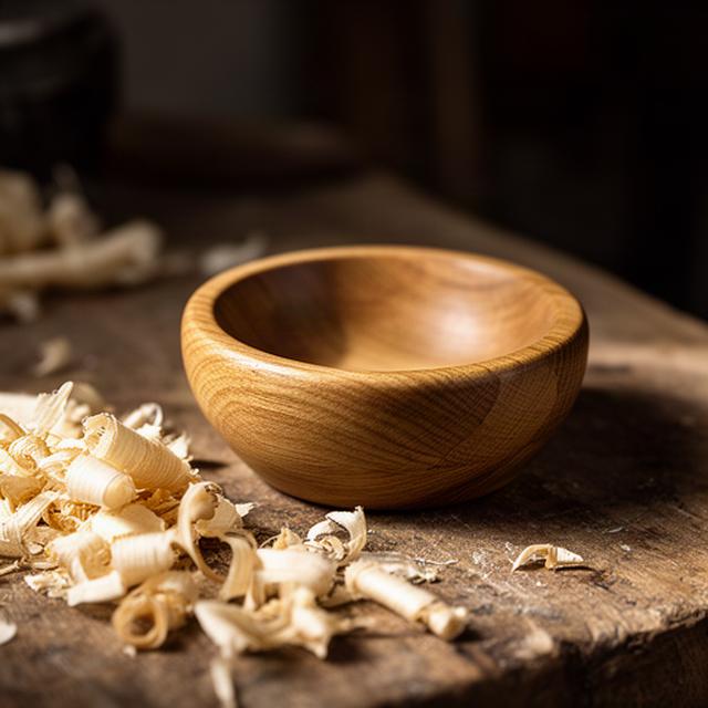 Kleine Holzschale aus regionaler Handarbeit neben Hobelspänen