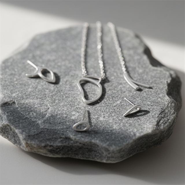 Feiner Silberschmuck auf grauem Naturstein mit seitlichem Tageslicht