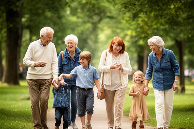 Mehrgenerationenfamilie beim Spaziergang durch einen grünen Park nahe Schaffhausen