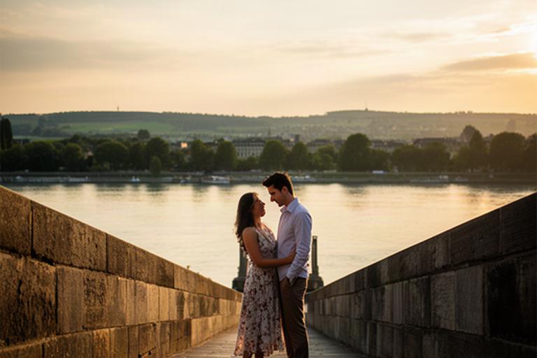 Verlobtes Paar auf einer steinernen Brücke im Abendlicht über dem Rhein