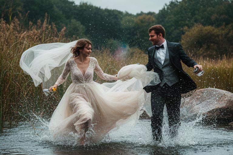 Paar in festlicher Kleidung bei einem mutigen Trash-the-Dress-Shooting in der Natur