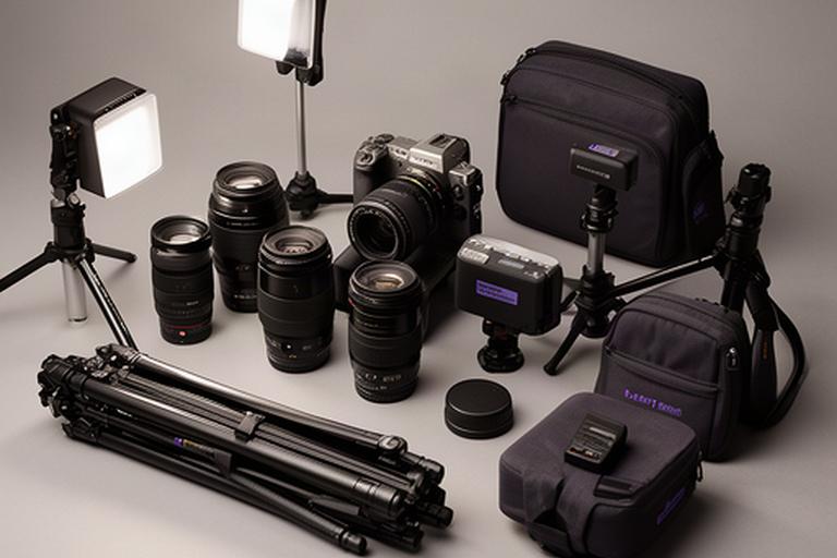 Mobile Fotoausrüstung mit Objektiven und kompaktem Lichtsetup für einen Vor-Ort-Termin