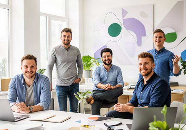 Lockeres Kreativteam in einem hellen Agenturbüro mit individuellen Businessporträts