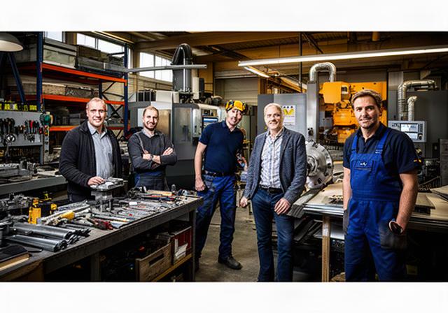 Handwerkerteam in einer Schaffhauser Werkhalle zwischen Werkzeugen und Metallflächen