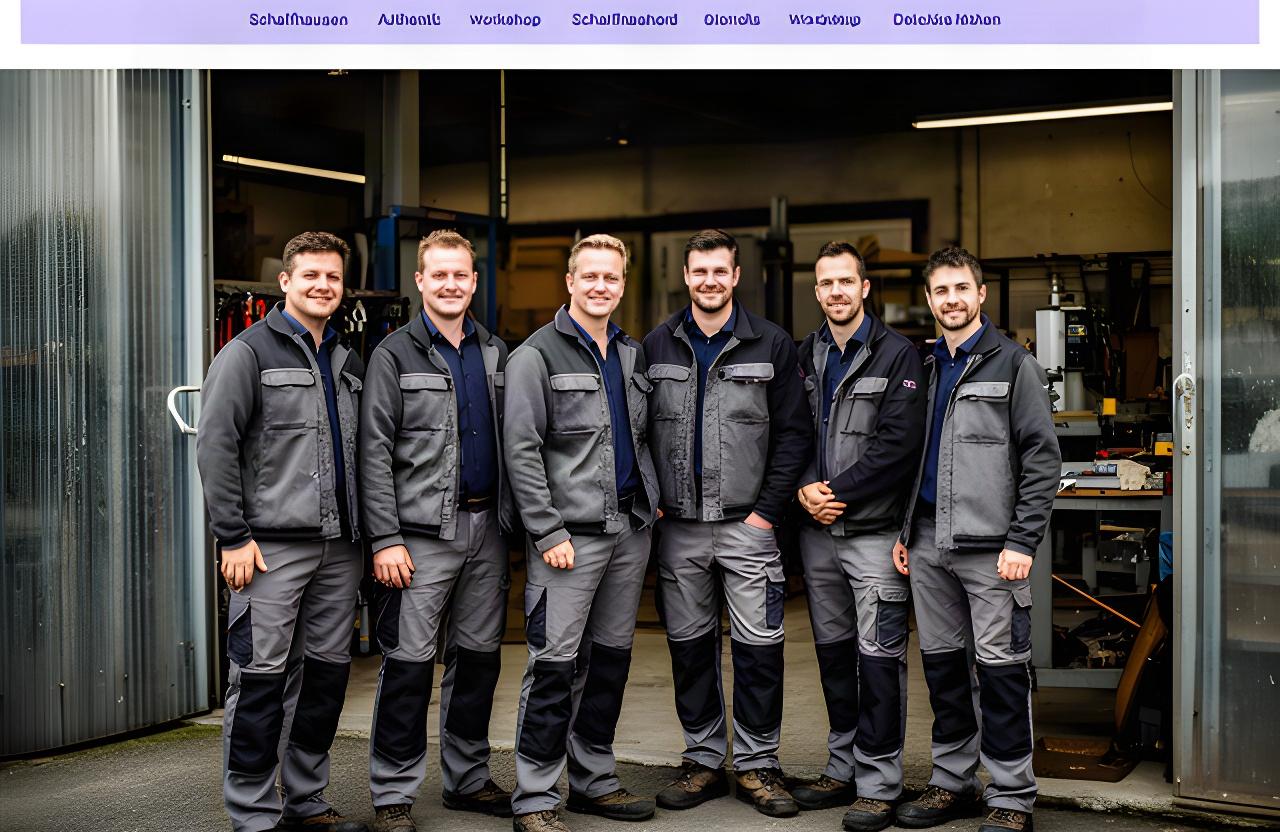 Ein echtes Schaffhauser Team in Arbeitskleidung vor seiner Werkstatt, direkt und freundlich fotografiert
